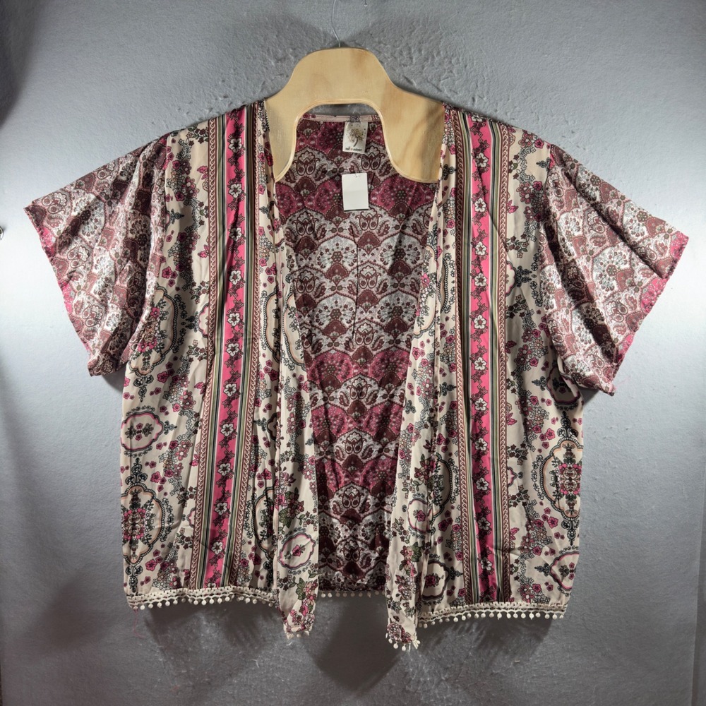 3069 | NWT Boho Festival Beach Floral Paisley Pom Pom Kimono Pink XL